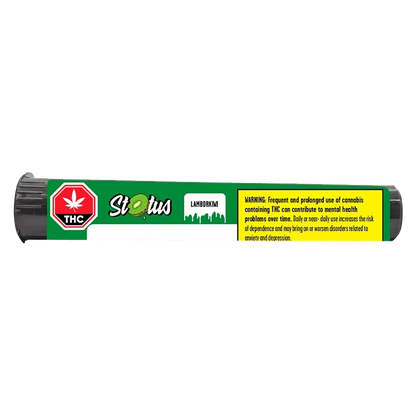 Horizontal close-up of the green Lamborkiwi Liquid Diamond Infused PR 1 x 1 g tube label with brand logo, THC symbol, and yellow warning box.
