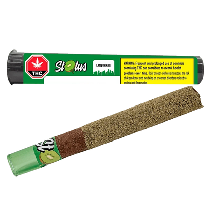 Angled close-up of a kiwi-coated pre-roll beside its green tube packaging labeled Lamborkiwi Liquid Diamond Infused PR 1 x 1 g.