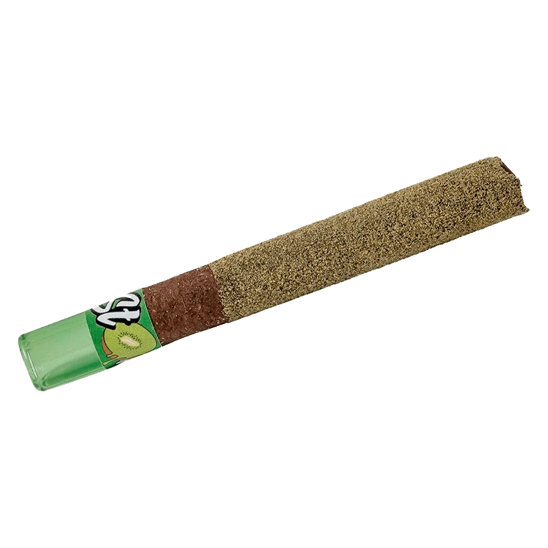 Angled close-up of a Lamborkiwi Liquid Diamond Infused PR 1 x 1 g pre-roll showing its green tip, kiwi-themed band, and textured golden coating.