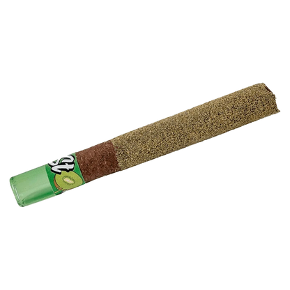 Angled close-up of a Lamborkiwi Liquid Diamond Infused PR 1 x 1 g pre-roll showing its green tip, kiwi-themed band, and textured golden coating.