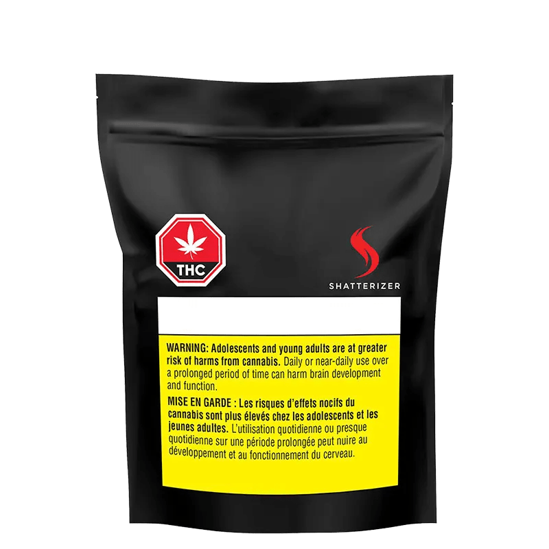 Front view of the Pink Gas Shatter packaging with a warning label, featuring a dark background and bold branding.