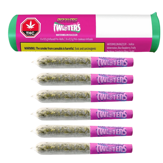 A close-up of the Watermelon Razzler Infused Pre Rolled package, displaying a colorful, graphic design with bold text on a dark background.