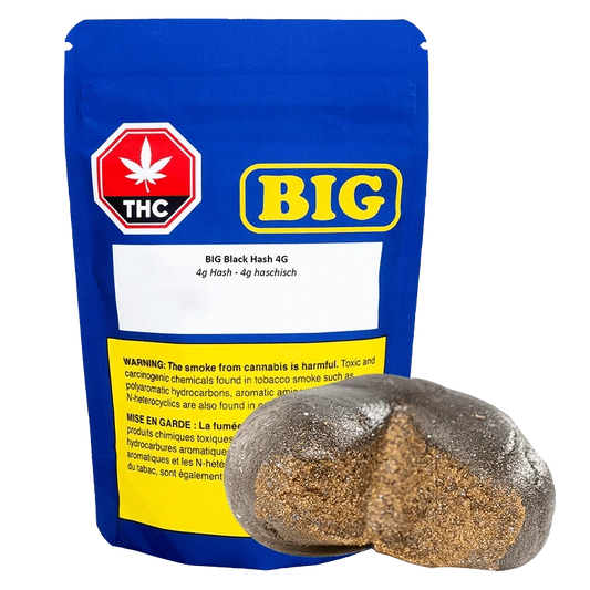 Close-up of the Black Hash package, displaying bold text and the THC logo against a dark background.