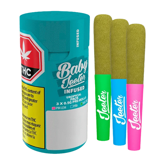 Front view of the Baby Jeeter Tropical Pack Infused Pre Rolled 3 x 0.5 g packaging, with vibrant branding and text against a dark backdrop.