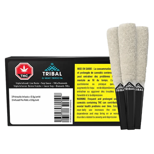G Mint Trifecta Infused Pre Rolled 3 x 0.6 g packaging features warning text over a black background with product branding.