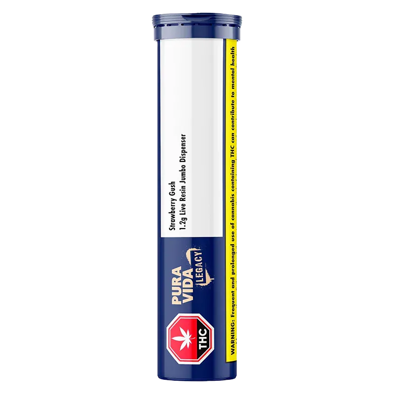 Vertical front view of the Strawberry Gush Live Resin Jumbo Dispenser showing its navy tube, white label, yellow warning strip, and red THC octagon badge.
