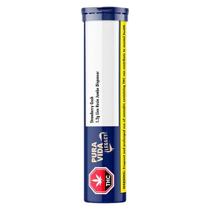 Vertical front view of the Strawberry Gush Live Resin Jumbo Dispenser showing its navy tube, white label, yellow warning strip, and red THC octagon badge.