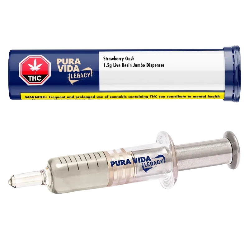 Horizontal product shot of the Strawberry Gush Live Resin Jumbo Dispenser showing the blue-lidded clear syringe and matching navy storage tube with white label.