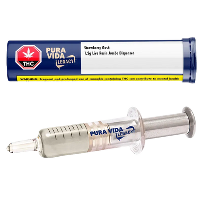 Horizontal product shot of the Strawberry Gush Live Resin Jumbo Dispenser showing the blue-lidded clear syringe and matching navy storage tube with white label.