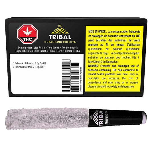 Cuban Linx Trifecta Infused Pre Rolled 3 x 0.6g packaging displays a warning against prolonged use and mental health risks.