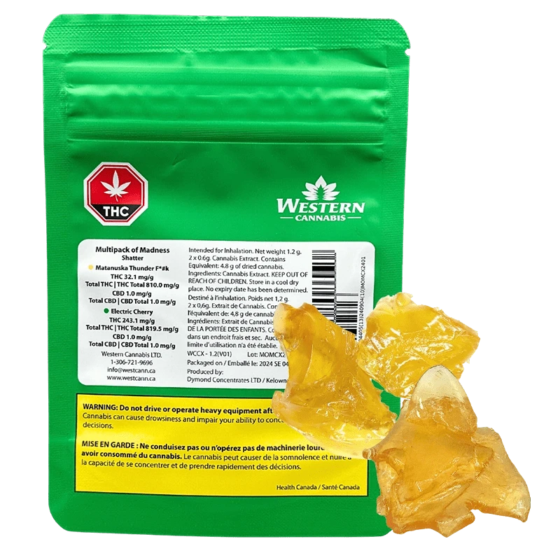 Western Cannabis Multipack of Madness Shatter packaging displayed with French text and regulatory warnings.