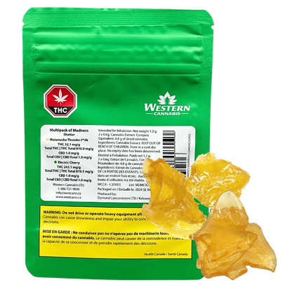 Western Cannabis Multipack of Madness Shatter packaging displayed with French text and regulatory warnings.
