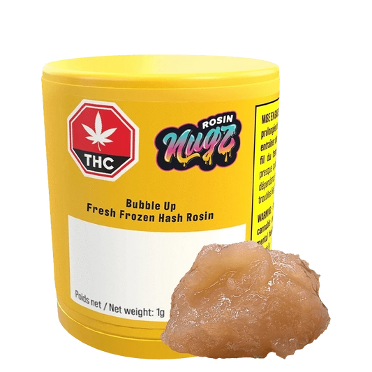 Close-up of the Bubble Up Fresh Frozen Hash Rosin container, displaying labels and text against a dark background.