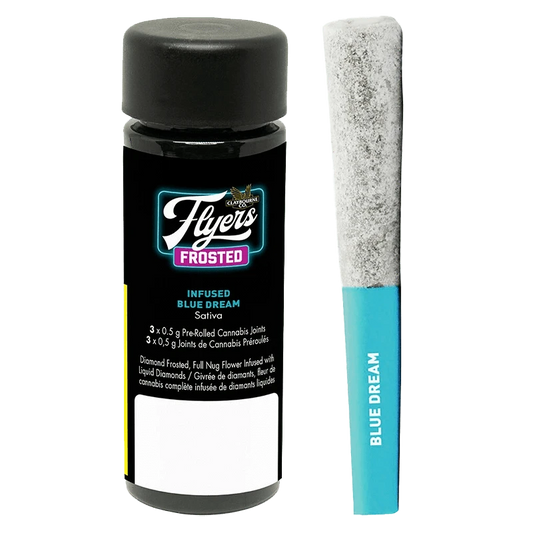 Close-up of the Blue Dream Diamond Encrusted Infused Pre Rolled 3 x 0.5 g joint, showcasing its frosted appearance and branding.