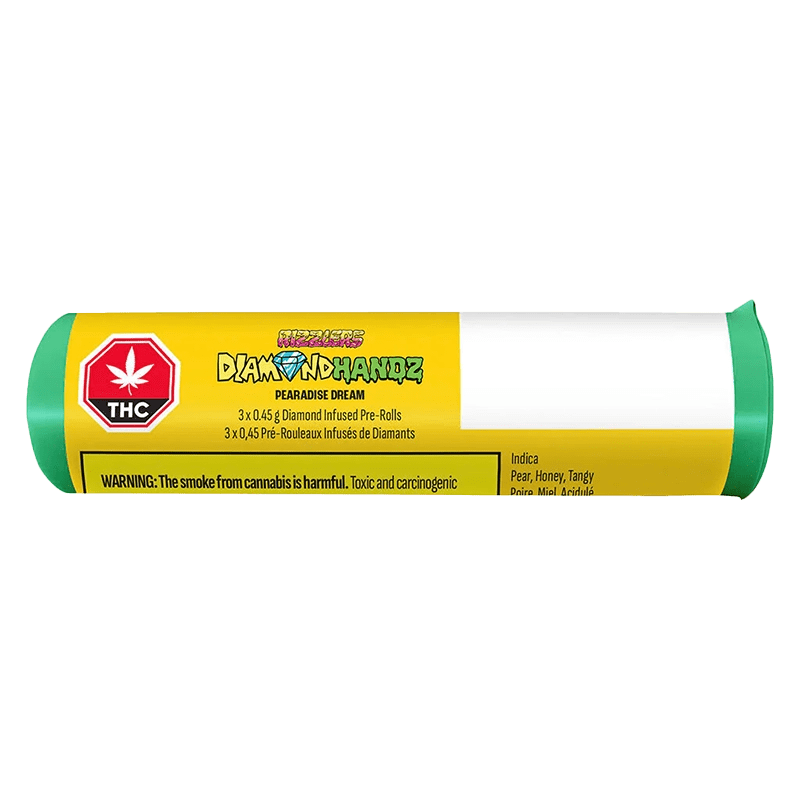 A close-up shot of the Pearadise Dream Diamond Infused Pre Rolled 3 x 0.45 g, displaying the branded packaging against a dark background.