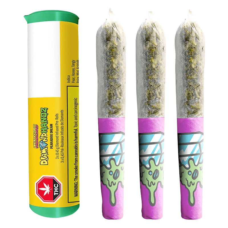 A close-up of the Pearadise Dream Diamond Infused Pre Rolled 3 x 0.45 g pre-roll packaging with a colorful, textured design.