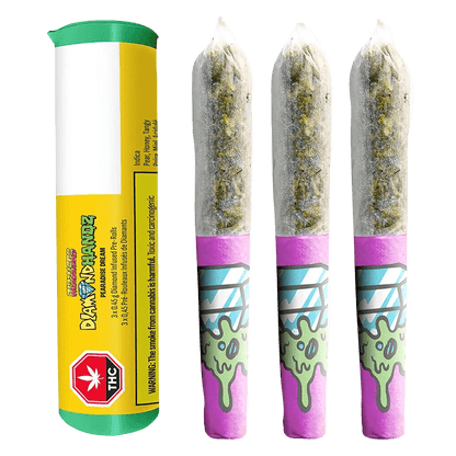 A close-up of the Pearadise Dream Diamond Infused Pre Rolled 3 x 0.45 g pre-roll packaging with a colorful, textured design.