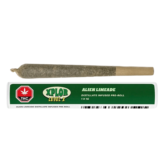 Front view of the Alien Limeade Distillate Infused Pre Rolled 1 x 1 g package, displaying vibrant branding against a white backdrop.