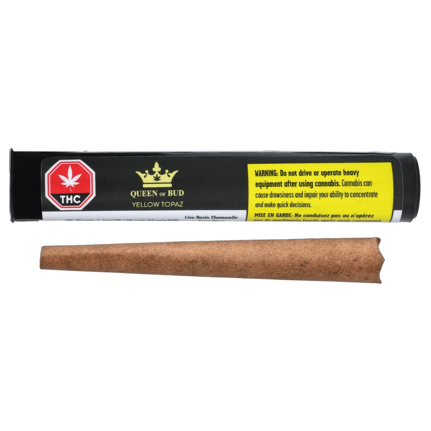 Front view of Yellow Topaz Live Rosin Chamomile Petal Infused Pre Rolled 1 x 1 g, showing its packaging with a warning label.