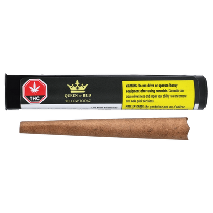 Front view of Yellow Topaz Live Rosin Chamomile Petal Infused Pre Rolled 1 x 1 g, showing its packaging with a warning label.