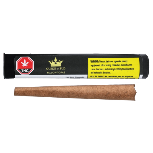 Front view of Yellow Topaz Live Rosin Chamomile Petal Infused Pre Rolled 1 x 1 g, showing its packaging with a warning label.