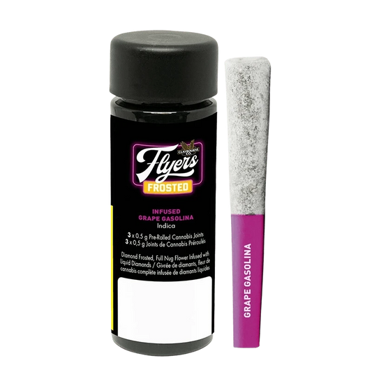 Frosted Flyers Grape Gasolina Infused Pre Rolled 3 x 0.5 g displayed with the brand name and product information on a dark background.