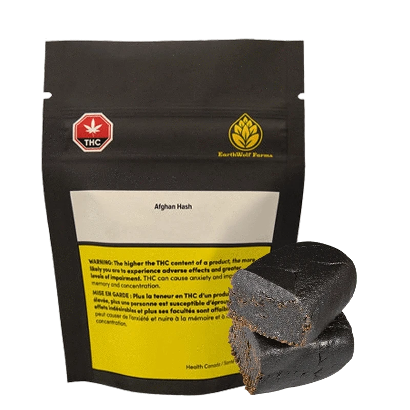 Close-up of the EarthWolf Farms Afghan Hash, a dark, compressed block with visible packaging details.