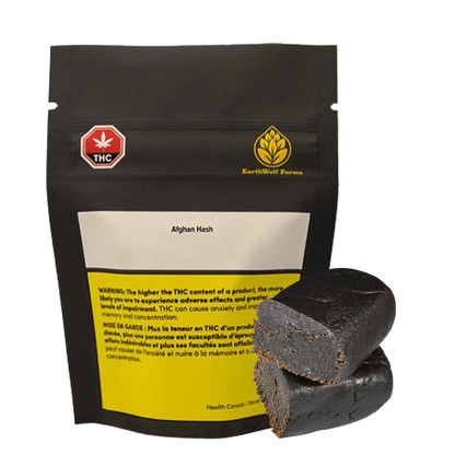 Close-up of the EarthWolf Farms Afghan Hash, a dark, compressed block with visible packaging details.