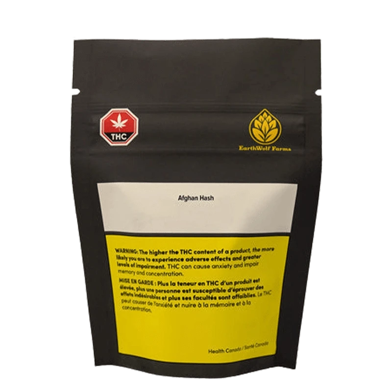 Close-up of the Afghan Hash packaging with a warning label and the Earthy Wolf Farms logo on a white background.