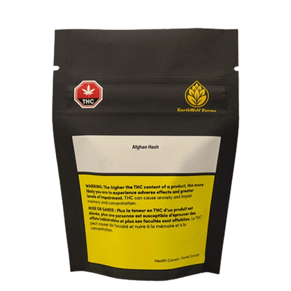 Close-up of the Afghan Hash packaging with a warning label and the Earthy Wolf Farms logo on a white background.