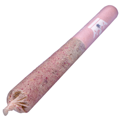 A close-up, angled view of the Rose Quartz Pink Diamond Coated Infused Pre Rolled 3 x 0.5 g, showing a pink, textured coating.