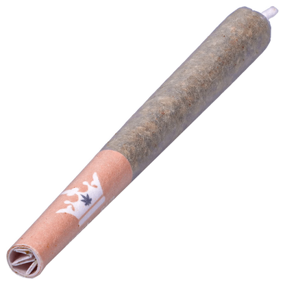 A close-up of the Crystal Multipack Infused Pre Rolled 8 x 0.5 g, showing a partially-smoked joint with a patterned filter.