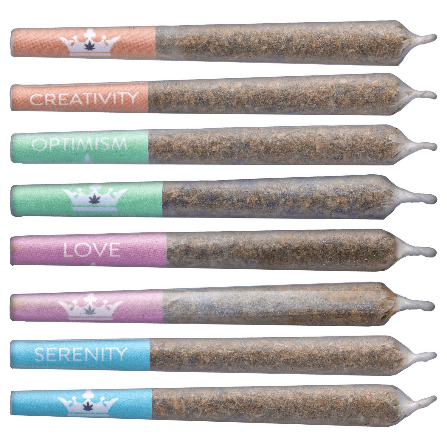 A vibrant, close-up view of the Crystal Multipack Infused Pre Rolled 8 x 0.5 g, arranged in a row against a neutral background.