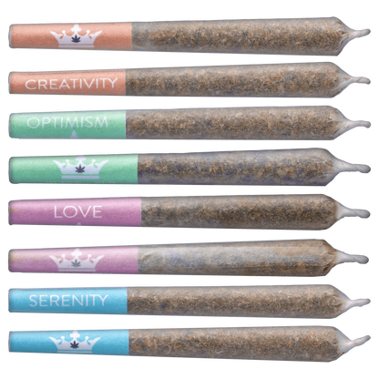 A vibrant, close-up view of the Crystal Multipack Infused Pre Rolled 8 x 0.5 g, arranged in a row against a neutral background.