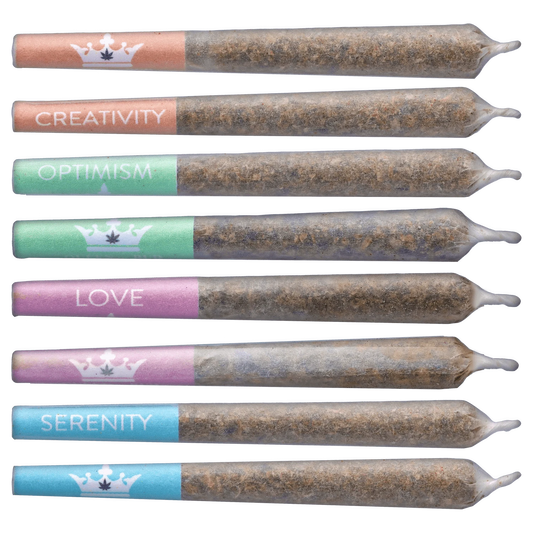 A vibrant, close-up view of the Crystal Multipack Infused Pre Rolled 8 x 0.5 g, arranged in a row against a neutral background.