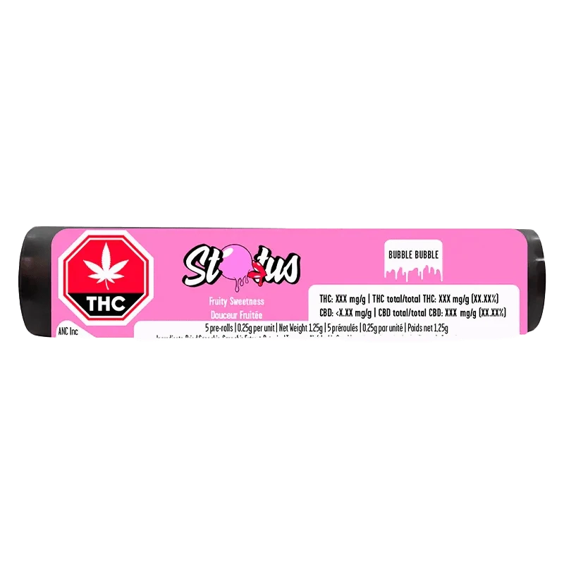 Bubble Bubble Infused Pre Rolled 5 x 0.25 g packaging shown in a close-up, brightly lit shot with bold text and a green leaf design.