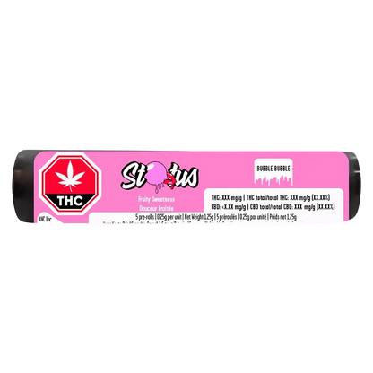 Bubble Bubble Infused Pre Rolled 5 x 0.25 g packaging shown in a close-up, brightly lit shot with bold text and a green leaf design.