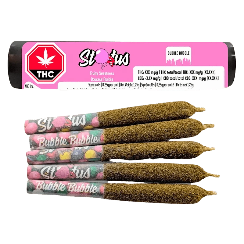 Close-up of the Bubble Bubble Infused Pre Rolled 5 x 0.25 g packaging against a black background, showing its bright logo and text details.