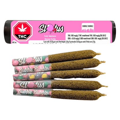 Close-up of the Bubble Bubble Infused Pre Rolled 5 x 0.25 g packaging against a black background, showing its bright logo and text details.