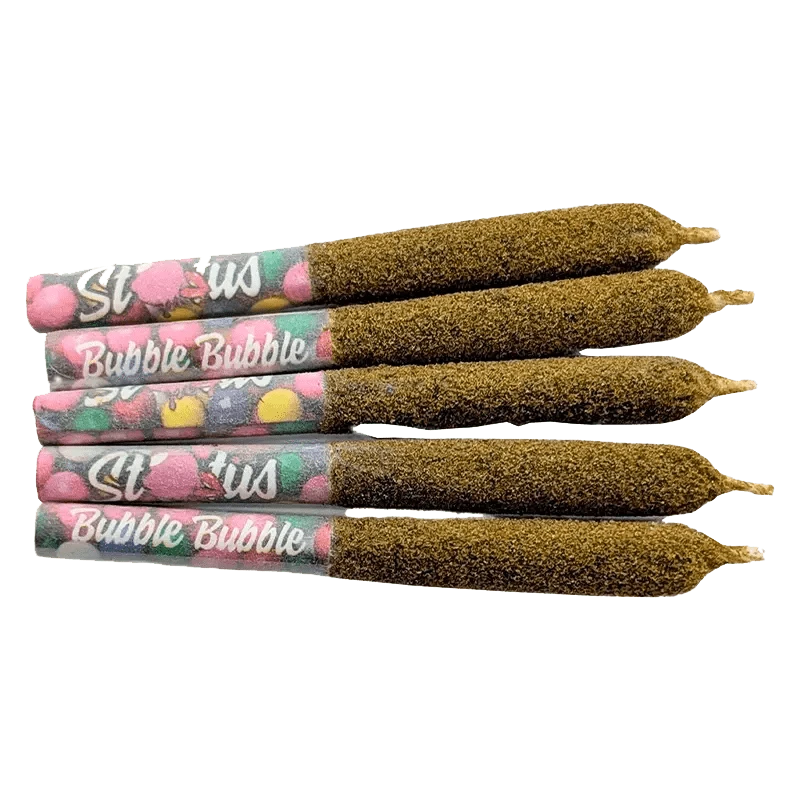 A close-up, angled view of five Bubble Bubble Infused Pre Rolled 0.25g units stacked together against a plain white background.
