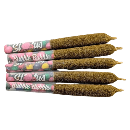A close-up, angled view of five Bubble Bubble Infused Pre Rolled 0.25g units stacked together against a plain white background.