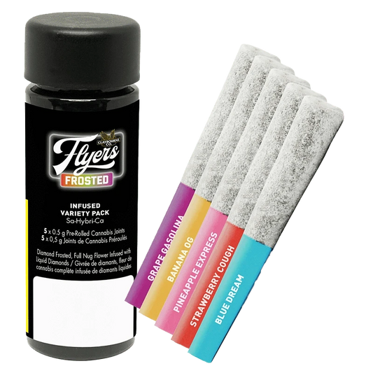 Front view of the Frosted Flyers Variety Pack Infused Pre Rolled 5 x 0.5 g, showing the packaging against a dark background.