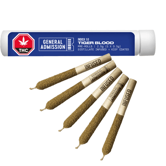 Close-up of the Tiger Blood Distillate Infused Pre Rolled 5 x 0.5 g, showing a colorful product against a dark background.