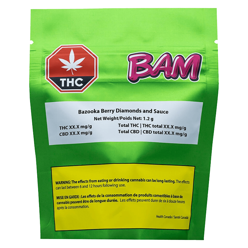 Bazooka Berry Diamonds and Sauce packaging displays vibrant text and logos against a bright green background.