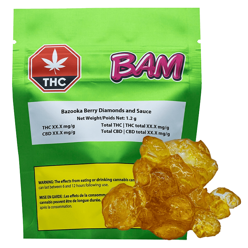 A close-up of the Bazooka Berry Diamonds and Sauce packaging, displaying bold text against a vibrant, colorful background.