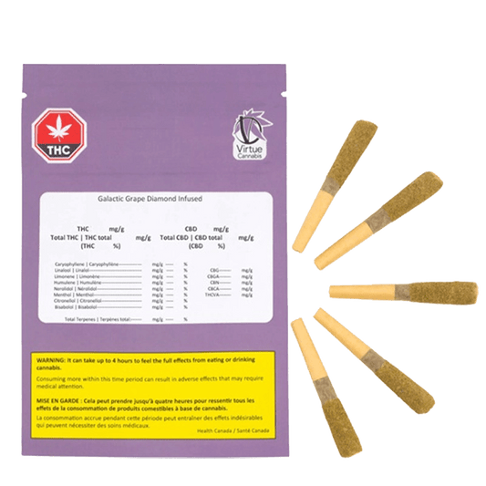 Front view of the Galactic Grape Diamond Infused Pre Rolled 5 x 0.5 g package with branding, showing details of its labeling and design.