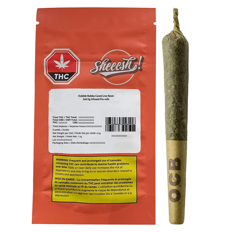 Dubb Bubbs Cured Resin Infused Pre Rolled 3 x 0.5 g packaging features bold text on a dark background with a red cannabis leaf icon.