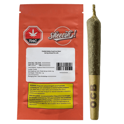 Dubb Bubbs Cured Resin Infused Pre Rolled 3 x 0.5 g packaging features bold text on a dark background with a red cannabis leaf icon.