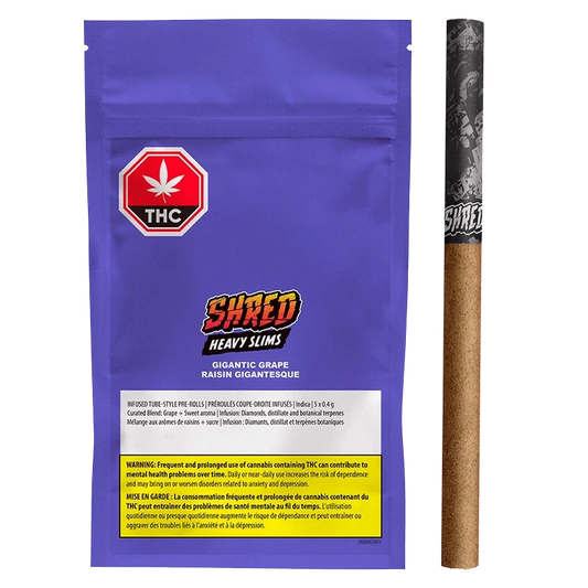 Gigantic Grape Heavy Slims Infused Pre Rolled 5 x 0.4 g packaging shows bold text on a dark purple background, angled slightly from above.