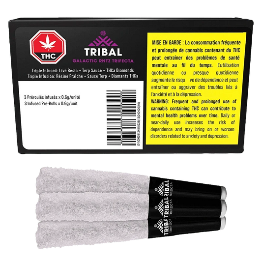 Galactic Rntz Trifecta Infused Pre Rolled 3 x 0.6g packaging displays a warning about potential health risks, with a black and purple color scheme.